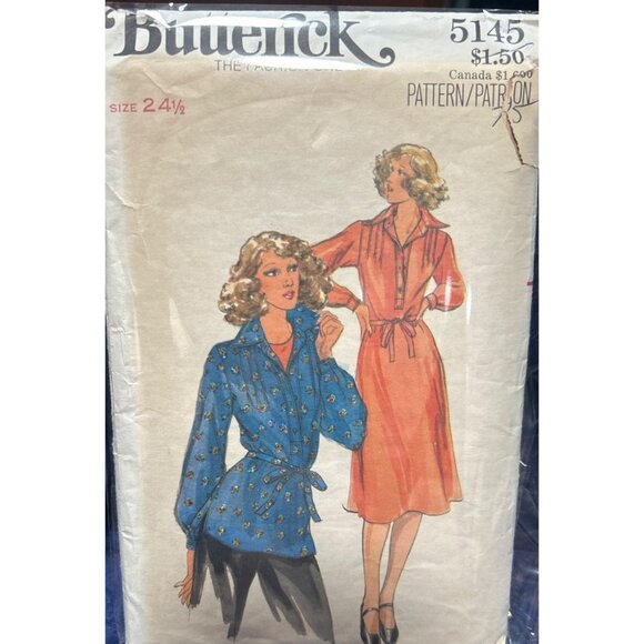 Vtg Butterick Shirtwaist Sewing Pattern Blouse & Dress Womens Size 24 1/2 Cut - Picture 1 of 4